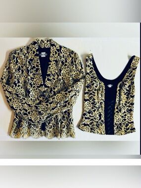 Vtg Rare💎Paris 2 Piece ORNA FARHO Paris -Gold lace blazer and Corset top.Size M